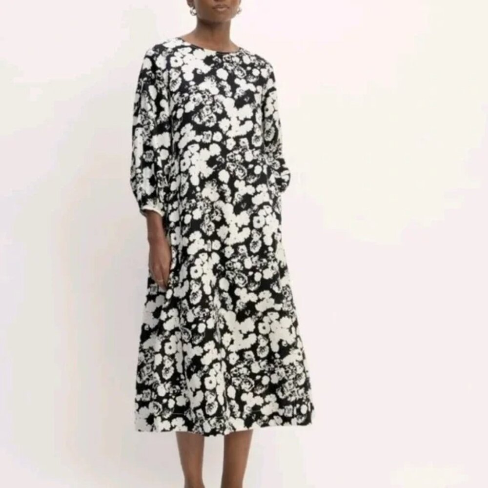NWT Everlane Black and White Floral Midi Linen Dress Boatneck 3/4" Sleeves Sz 8